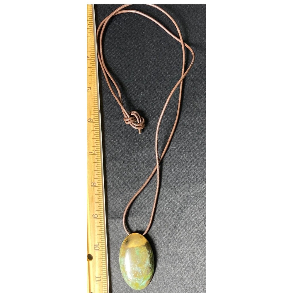 Natural Stone Pendant Necklace Adjustable Cord Brown Green Oval Gemstone